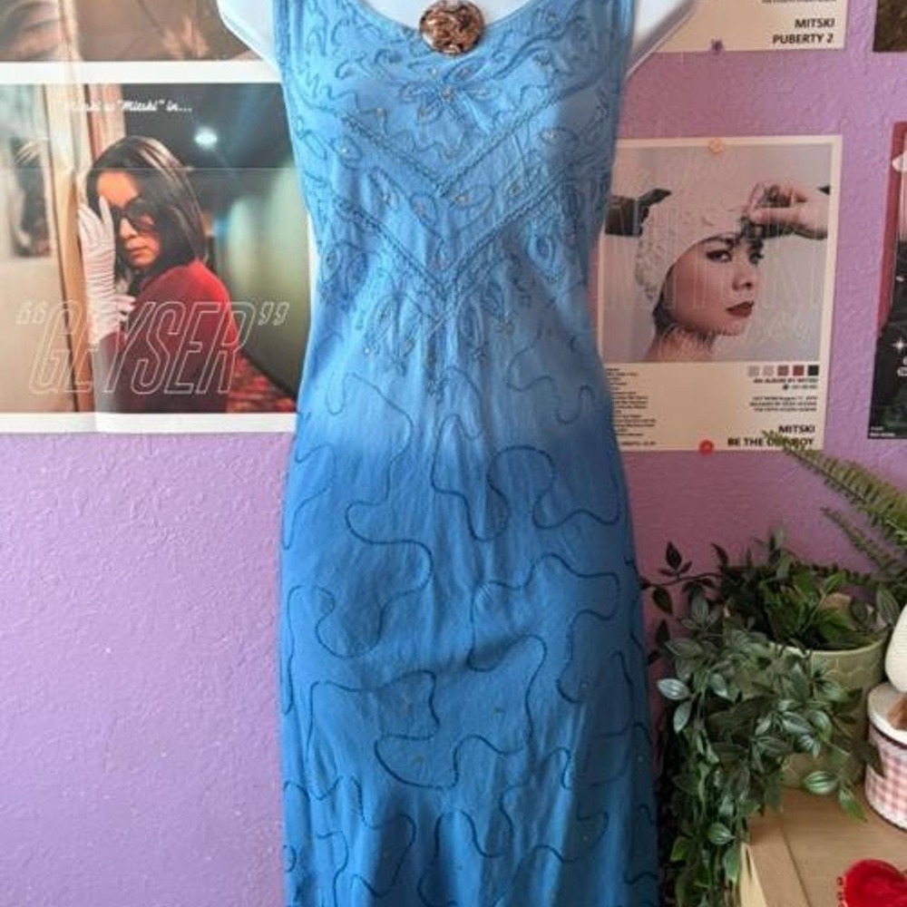 One Size Blue Embroidered Beaded Midi Dress